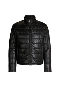 Schwarze Lederjacke mit gesteppten Einsätzen, hohem Kragen, vorderem Reißverschluss und zwei Seitentaschen. Glatte Textur und taillierte Passform.