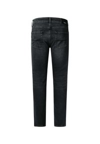 Jean slim gris foncé vu de dos avec deux poches arrière et une étiquette de marque noire à la taille.