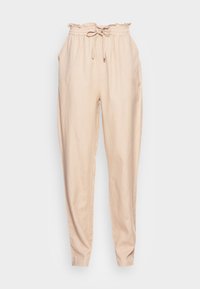 Pantalon beige léger avec une taille élastique froncée et un cordon de serrage. Jambes fuselées avec poches latérales et texture lisse.