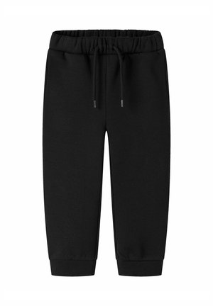 Pantalon de jogging noir pour tout-petit avec taille élastique, cordon réglable et poignets côtelés sur fond blanc.