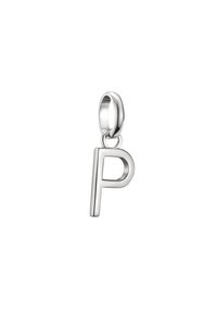 Pendente d'argento a forma di lettera "P", con una finitura metallica lucida e un anello per il fissaggio. Design semplice con bordi arrotondati.