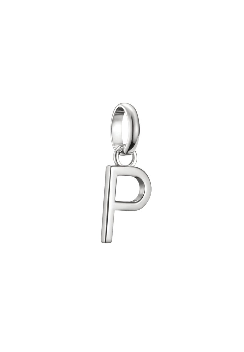 Pendente d'argento a forma di lettera "P", con una finitura metallica lucida e un anello per il fissaggio. Design semplice con bordi arrotondati.