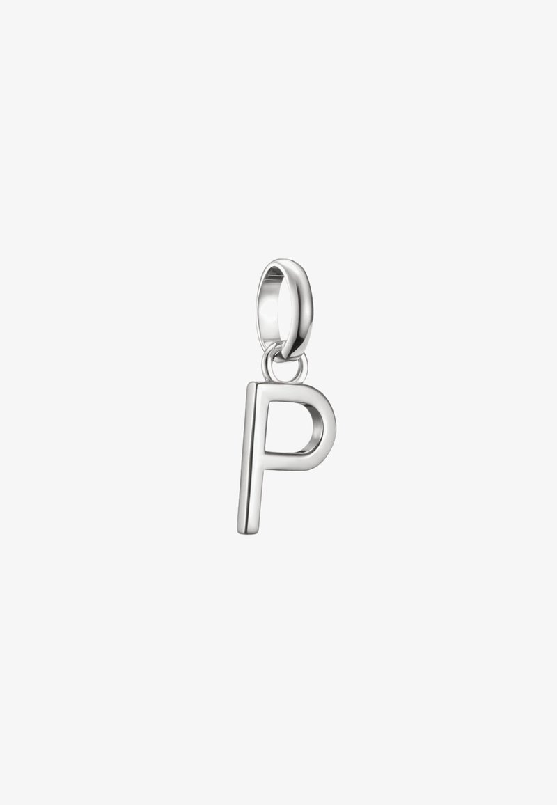 Pendente d'argento a forma di lettera "P", con una finitura metallica lucida e un anello per il fissaggio. Design semplice con bordi arrotondati.