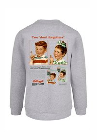 Grauer Sweatshirt mit retro Illustrationen von zwei Kindern, begleitet von dem Text "Zwei 'Vergessensverweigerer'" und der Marke Kellogg's Corn Flakes.