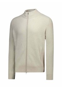 Cardigan a coste beige con zip frontale completo e colletto alto, maniche lunghe e vita aderente.