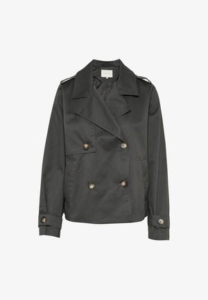 Double-breasted grey jacket with a wide collar, metal buttons, and structured shoulders. Features a smooth, textured fabric and cuff accents.