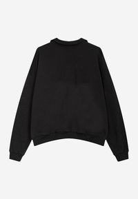 Schwarzes Sweatshirt mit lockerer Passform, langen Ärmeln, gerippten Manschetten und Rundhalsausschnitt; aus weichem, strukturiertem Material.