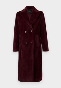 Burgundy double-breasted coat made of soft faux fur. Features a notched collar, two front buttons, and a side pocket. Smooth texture.