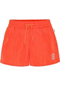 Oranje zwembroek gemaakt van lichte stof met een elastische tailleband en een verstelbaar trekkoord. Voorzien van een decoratief wit bloemenembleem.