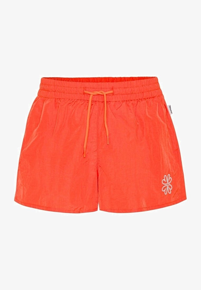 Oranje zwembroek gemaakt van lichte stof met een elastische tailleband en een verstelbaar trekkoord. Voorzien van een decoratief wit bloemenembleem.