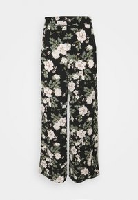 Breda byxor i svart tyg med ett blommönster av rosa och vita blommor samt gröna blad. Slät textur, hög midja.