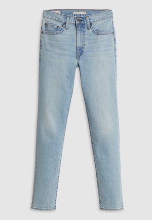 Jeans en denim bleu clair avec une coupe slim, conception à cinq poches, coutures contrastées et fermeture à bouton avec zip.