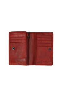 Red leather wallet with multiple card slots, a zippered compartment, and snap closure, featuring embossed logo detail on inner lining.
