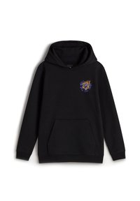 Zwarte hoodie met een voorzak. Beschikt over een geborduurd ontwerp in paars en oranje op de linker borst. Gemaakt van een zachte, gestructureerde stof.