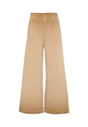 Beige wijde sweatpants met een elastische tailleband, zachte textuur, zijzakken en een subtiele logo-detail aan de onderzijde.