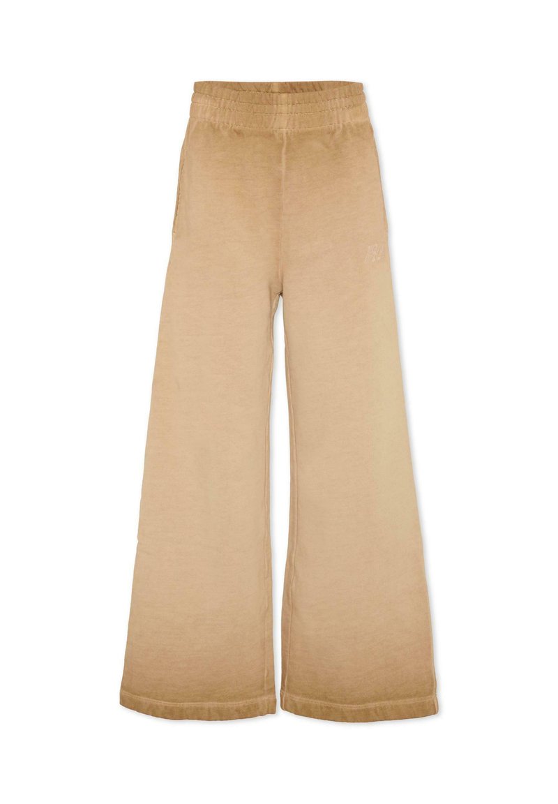 Beige wijde sweatpants met een elastische tailleband, zachte textuur, zijzakken en een subtiele logo-detail aan de onderzijde.