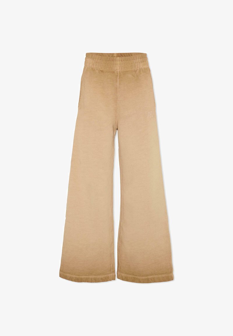 Beige wijde sweatpants met een elastische tailleband, zachte textuur, zijzakken en een subtiele logo-detail aan de onderzijde.