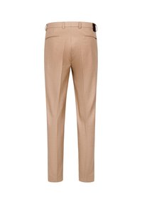 Beige maßgeschneiderte Hosen mit glatter Textur, ausgestattet mit Gürtelschlaufen und Gesäßtaschen. Gerade Beinform mit sauberem Abschluss.