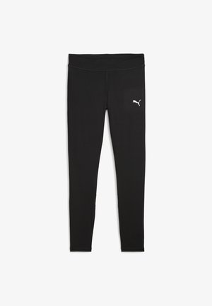 Zwarte legging van rekbaar materiaal, met een brede tailleband en een klein wit Puma-logo aan de linkerkant. Eenvoudig, strakker ontwerp.