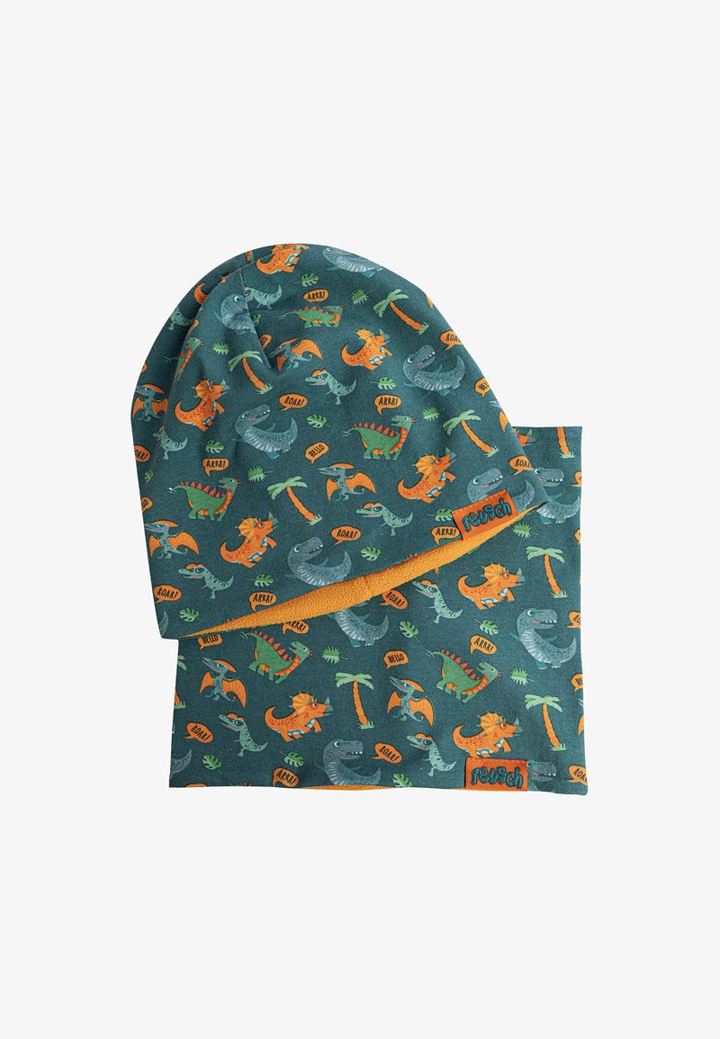 Set di cappello e sciarpa lavorati a maglia con motivo di dinosauri beige e teal, con accenti arancioni e una texture morbida per il calore.