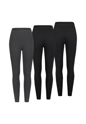 Drei Paar schlichte Leggings in Dunkelgrau und Schwarz, von vorne gezeigt, mit hoher Taille und schlanker Passform.