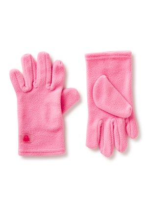 Fleeceové rukavice v jasně růžové barvě s designem na pět prstů. Zaoblené špičky prstů a měkká textura; obsahují malou nášivku s logem na jedněch rukavicích.