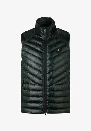 Ciemnozielona pikowana kamizelka bez rękawów z wysokim kołnierzem, zamkiem błyskawicznym z przodu, kieszeniami bocznymi na zamek oraz okrągłym logo marki na piersi.
