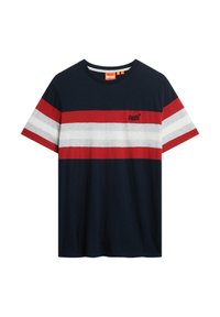 Cotton t-shirt featuring horizontal stripes in navy blue, red, white, and gray. Rounded collar and small logo in red on the chest.