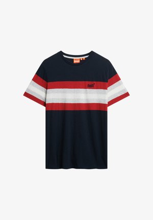 Katoenen T-shirt met horizontale strepen in marineblauw, rood, wit en grijs. Ronde kraag en klein logo in het rood op de borst.