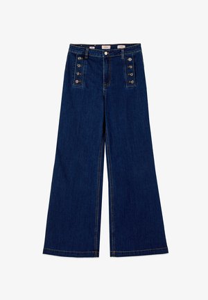 Weit geschnittene dunkelblaue Jeanshose mit vorderer Knopfleiste und Gürtelschlaufen, Größenschild 42, Marke Oltre.