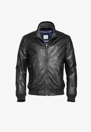 Chaqueta de piel negra con cierre de cremallera, puños y dobladillo acanalados, y un cuello gris. El interior cuenta con un forro azul. Textura suave.