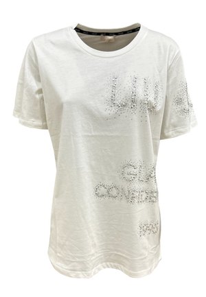 T-shirt bianco in cotone con maniche corte, caratterizzato da scritte in strass scintillanti sul davanti, scollatura rotonda e vestibilità rilassata.