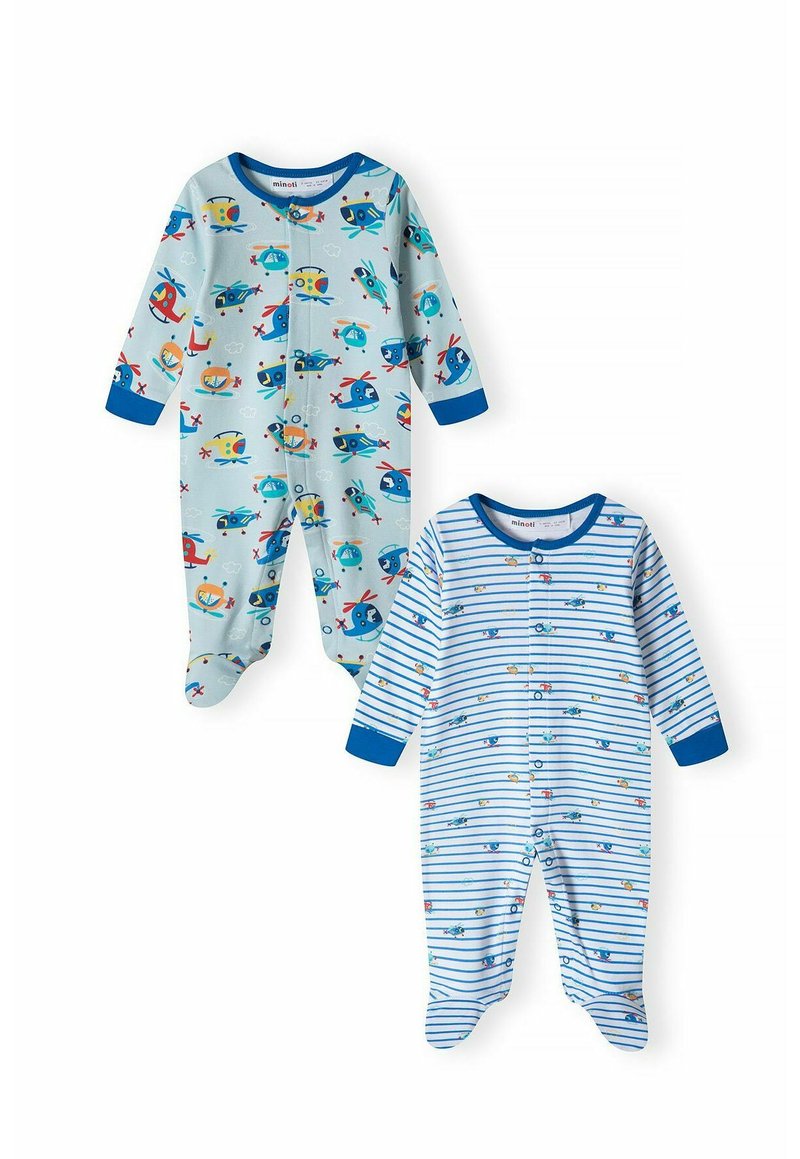 Dos bodies para bebé: uno en azul claro con helicópteros y barcos coloridos, y otro en rayas azules y blancas con pequeños vehículos por todas partes.