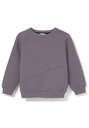 Bluza z długim rękawem o kroju crewneck w stonowanym fiolecie, z ukośnymi przeszyciami oraz ściągaczami na mankietach i dole, prezentowana na białym tle.