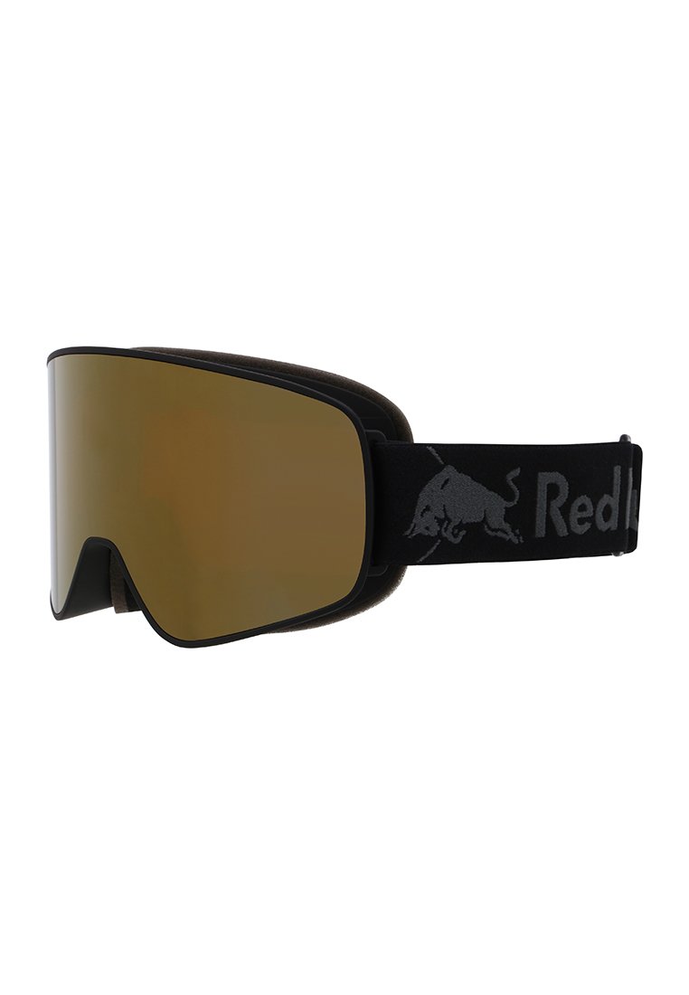 Schneegoggle mit einem eleganten schwarzen Rahmen, braun verspiegeltem Glas und einem schwarzen elastischen Band mit einem grauen Logo. Weiche Polsterung an der inneren Kante.