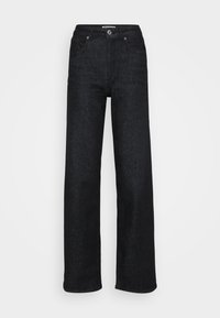 Wide-leg black denim jeans with a high waist, featuring a front button closure, five pockets, and a smooth texture.