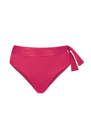 Bikini z wysokim stanem w jasnoróżowym kolorze, z prążkowaną fakturą w pasie i związanym akcentem z boku. Gładkie wykończenie przez całość.