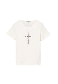 T-shirt en coton blanc avec un col rond. Présente un design textuel en noir et rose à l'avant, avec "ALLSAINTS" affiché en évidence. Manches courtes.