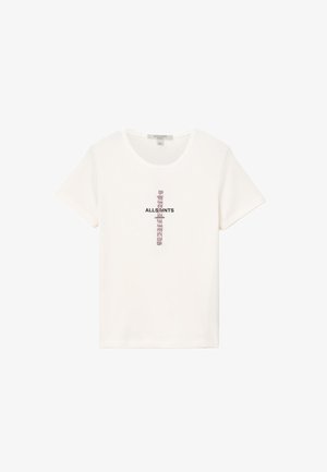 Biała bawełniana koszulka z okrągłym dekoltem. Z przodu znajduje się czarny i różowy nadruk z napisem "ALLSAINTS" wyeksponowany w centralnej części. Krótkie rękawy.