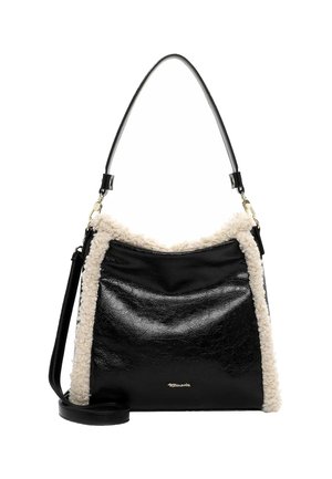 Sac à main en cuir noir avec des bordures en fausse fourrure crème, de forme hobo, avec une bandoulière réglable et un discret logo doré à l'avant.