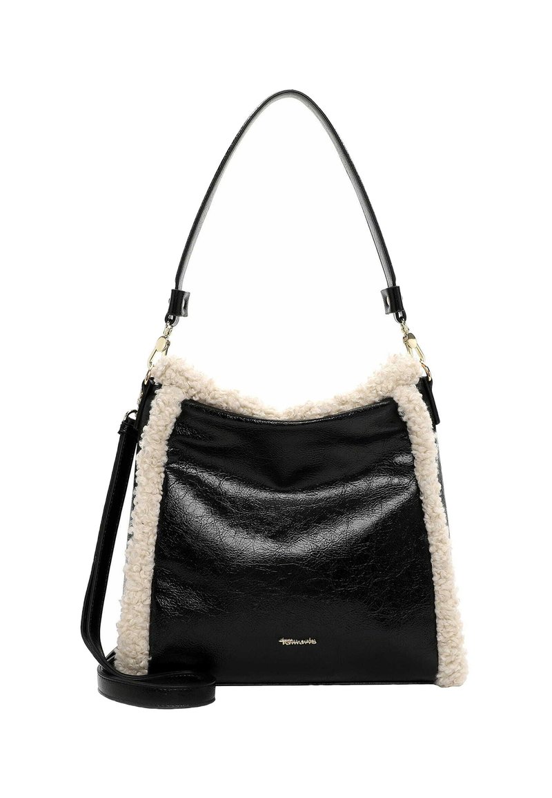 Borsa a tracolla in pelle nera con bordo in shearling crema, forma hobo, tracolla regolabile e sottile dettaglio del logo dorato sul frontale.