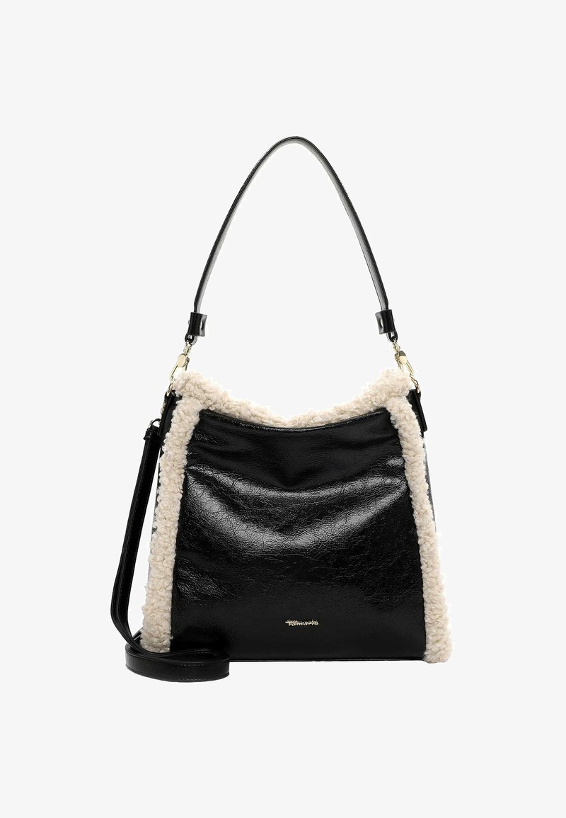 Borsa a tracolla in pelle nera con bordo in shearling crema, forma hobo, tracolla regolabile e sottile dettaglio del logo dorato sul frontale.