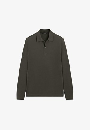Långärmad pikétröja i mörkgrönt, tillverkad av mjuk bomull med klassisk krage och treknappslå, med minimala sömmar.