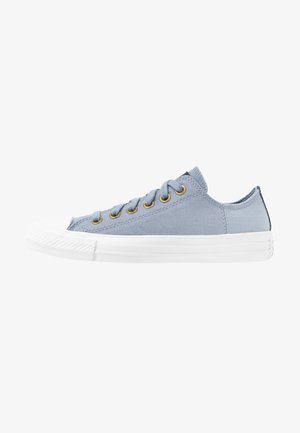 Hellblaue Leinensneaker mit weißer Gummi-Spitze und Sohle. Verfügt über goldene Ösen und ein strukturiertes Rückenteil. Low-Top-Design mit runden Schnürsenkeln.