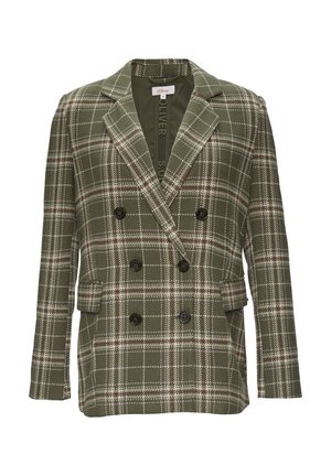 Grüner und weißer kariierter Doppelreiher-Blazer mit dunklen Knöpfen, scharfen Revers und zwei Seitentaschen. Strukturstoff mit tailliertem Schnitt.