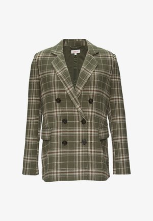 Grüner und weißer kariierter Doppelreiher-Blazer mit dunklen Knöpfen, scharfen Revers und zwei Seitentaschen. Strukturstoff mit tailliertem Schnitt.