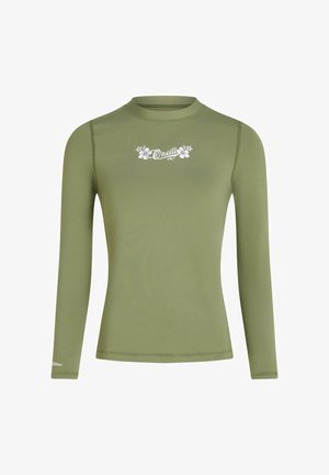 Rash guard à manches longues vert en tissu lisse, avec un logo floral blanc sur la poitrine et des coutures plates pour plus de confort.