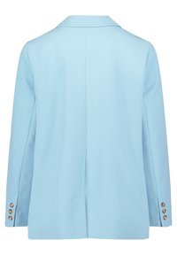 Blazer bleu clair avec col cranté, manches longues, fente centrale au dos et trois boutons marron sur chaque manchette, présenté de dos.