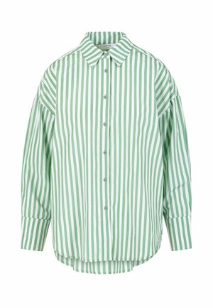 Koszula z długim rękawem zapinana na guziki, z pionowymi zielono-białymi paskami, ostrym kołnierzykiem i zaokrąglonym dołem.