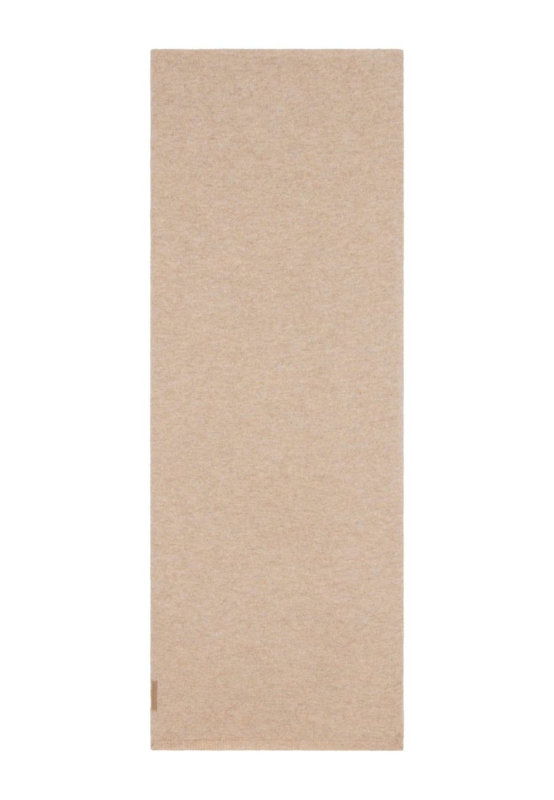 Beige rechthoekig wollen tapijt met een zachte, textuurrijke oppervlakte. Kleine logo-accent aan de onderhoek. Maat en afmetingen zijn niet weergegeven.